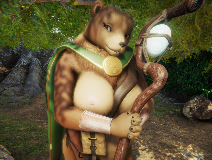 3d_(artwork) anthro armello armguard bear blackdragontemeraire breasts cape clothing digital_media_(artwork) emblem exposed_breasts female forest holding_object looking_at_viewer mammal nipples plant pouch_(clothing) rock rope sana_(armello) solo staff tree