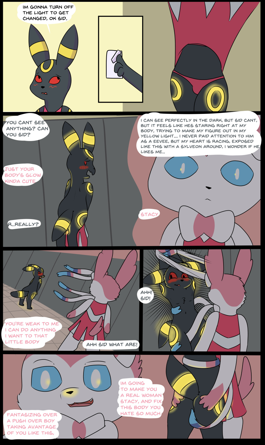 2022 9_panel_comic absurd_res black_body blush bulge butt butt_grab cheerleader cheerleader_outfit clothed clothing comic crossdressing dialogue digital_drawing_(artwork) digital_media_(artwork) dress dress_removed duo eeveelution embarrassed english_text female flat_colors generation_2_pokemon generation_6_pokemon glowing glowing_markings hand_on_butt hi_res inside locker_room male markings matachu navel nintendo panties penis_in_panties pink_body pink_clothing pink_dress pink_panties pink_underwear pokemon pokemon_(species) restrained sid_(matachu) stacy_(matachu) standing sylveon tail text trans_(lore) trans_woman_(lore) umbreon underwear undressing white_body