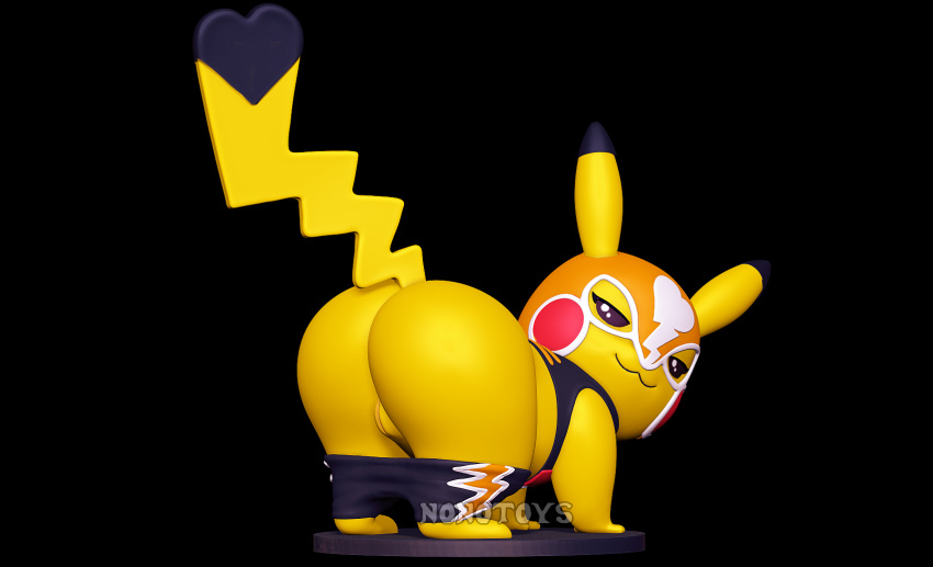 3d_(artwork) all_fours anthro black_background black_clothing bottomwear bottomwear_down butt clothed clothing cosplay_pikachu_(costume) digital_media_(artwork) female genitals half-closed_eyes heart_tail hi_res light lighting looking_at_viewer looking_back mask narrowed_eyes nintendo nonotoys pants pants_down partially_clothed pikachu_libre pokemon pokemon_(species) presenting presenting_hindquarters pussy red_cheeks simple_background smile solo yellow_body