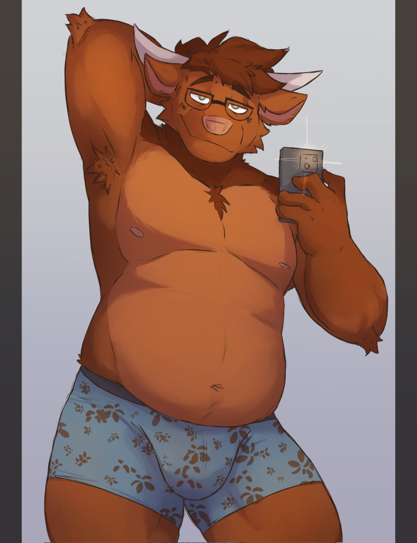 2_horns alexander_(redfurredmenace) anthro armpit_hair belly_overhang big_bulge body_hair bovid bovine boxers_(clothing) bulge cattle clothing eyewear glasses hand_behind_head hi_res holding_object holding_phone horn jephhhad male mammal mirror_selfie musclegut muscular muscular_anthro muscular_male navel overweight overweight_anthro overweight_male pecs phone portrait selfie snout solo three-quarter_portrait underwear