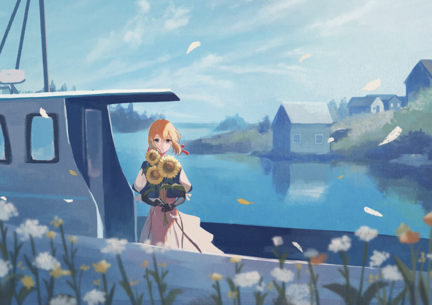 1girl blonde_hair blue_eyes blue_sky building cloud commission day dress flower hair_ribbon harucoro25 holding holding_flower house lake looking_at_viewer outdoors pixiv_commission red_ribbon reflection reflective_water ribbon sky solo sunflower violet_evergarden violet_evergarden_(series) water white_dress