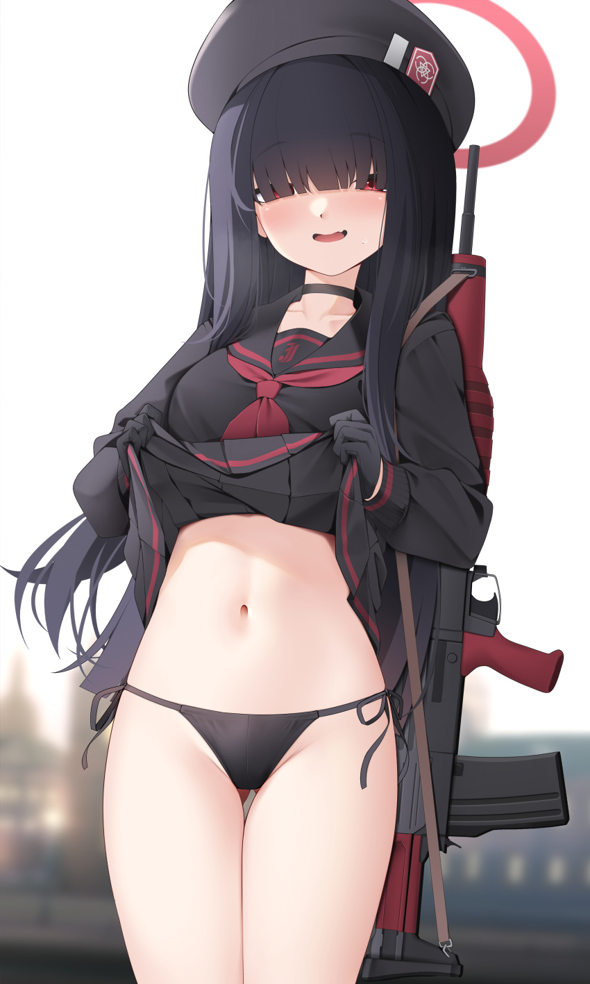 1girl absurdres ass_visible_through_thighs beret black_choker black_gloves black_hair black_headwear black_panties black_serafuku blue_archive blurry blurry_background blush breasts choker clothes_lift collarbone gloves groin gun_sling halo hat highres justice_task_force_member_(blue_archive) lifted_by_self looking_at_viewer navel neckerchief outdoors over_shoulder panties pleated_skirt red_eyes red_halo red_neckerchief school_uniform serafuku side-tie_panties skirt skirt_lift small_breasts smile solo stomach thigh_gap underwear weapon weapon_over_shoulder z.taiga