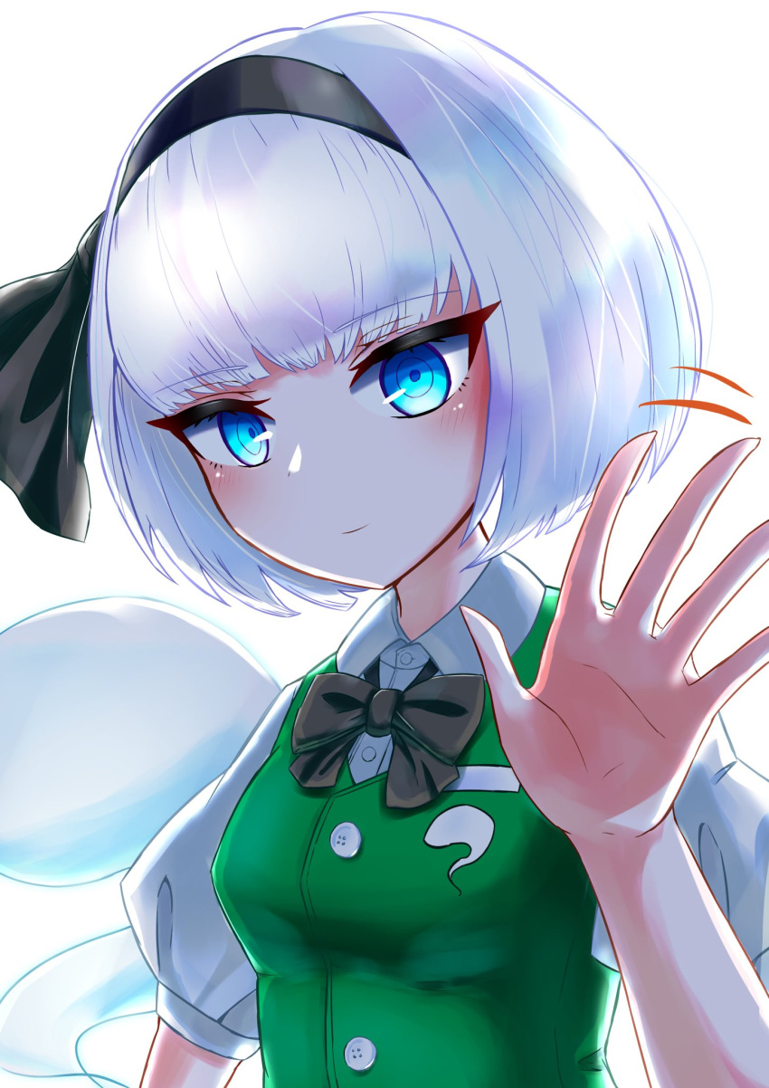 1girl black_bow black_bowtie black_hairband black_ribbon blue_eyes bob_cut bow bow_hairband bowtie collared_shirt green_vest gvxvg00 hair_ribbon hairband highres hitodama_print konpaku_youmu konpaku_youmu_(ghost) light_smile puffy_short_sleeves puffy_sleeves ribbon shirt short_hair short_sleeves solo touhou vest waving white_hair white_shirt