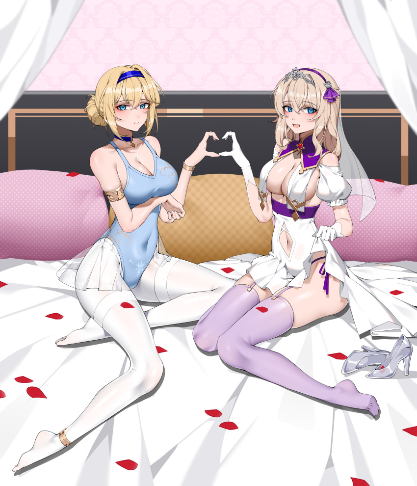 2girls absurdres azur_lane bikini blonde_hair blue_choker blue_eyes blue_ribbon choker clothes_lift feet gloves hair_bun hairband high-waist_skirt highres jeanne_d'arc_(azur_lane) jeanne_d'arc_(saintess_of_the_sea)_(azur_lane) layered_bikini leander_(azur_lane) looking_at_viewer maltese_cross multi-strapped_bikini multiple_girls no_bra official_alternate_costume open_mouth panties pleated_skirt purple_hairband purple_ribbon purple_thighhighs ribbon single_hair_bun skirt skirt_lift swimsuit thighhighs underwear white_gloves white_thighhighs wsfw