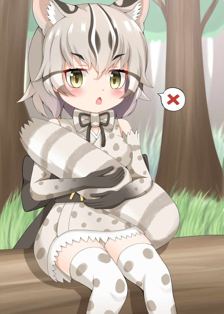 1girl absurdres animal_ear_fluff animal_ears bare_shoulders black_hair blush brown_eyes chestnut_mouth commentary_request day elbow_gloves gloves grey_hair highres japanese_clothes kemono_friends kimono looking_at_viewer multicolored_hair open_mouth outdoors panties polka_dot polka_dot_gloves polka_dot_kimono polka_dot_legwear shin01571 sitting sleeveless sleeveless_kimono solo spoken_x streaked_hair striped_tail tail tail_hug thick_eyebrows thighhighs tree tsushima_leopard_cat_(kemono_friends) underwear v-shaped_eyebrows white_hair white_panties white_thighhighs