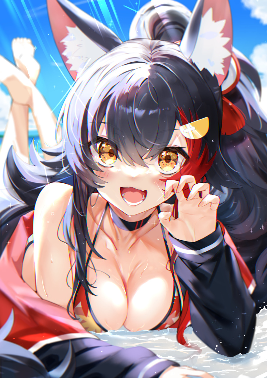 1girl :d animal_ear_fluff animal_ears bikini black_choker black_hair black_jacket blue_sky blush breasts choker cloud collarbone day fingernails highres hololive jacket kou_mashiro large_breasts long_hair long_sleeves looking_at_viewer lying multicolored_hair official_alternate_costume on_stomach ookami_mio ookami_mio_(summer_vacation) open_mouth ponytail red_hair sky smile solo streaked_hair swimsuit teeth virtual_youtuber wet wolf_ears wolf_girl yellow_eyes