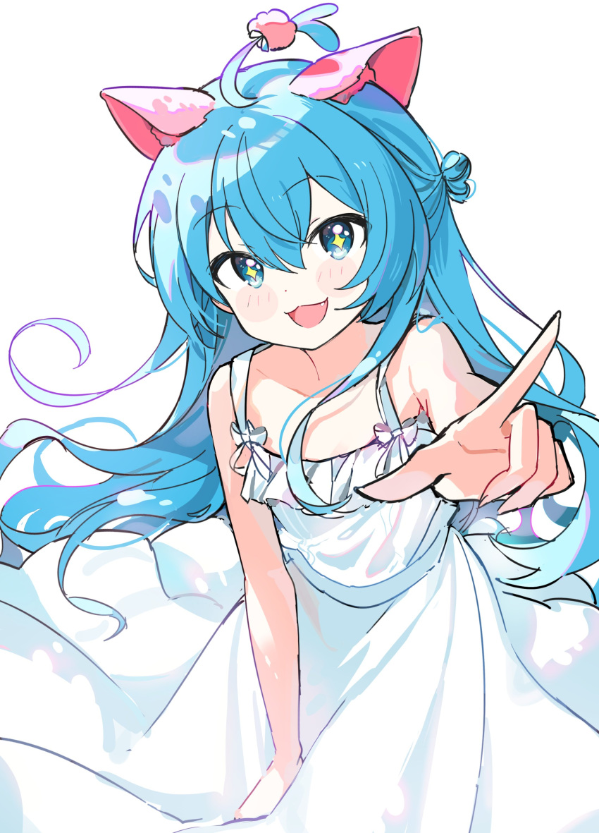 +_+ 1girl absurdres animal_ears bare_arms between_legs blue_eyes blue_hair blush_stickers cat_ears collarbone dot_nose dress fang feet_out_of_frame fingernails flat_chest floating_hair hair_between_eyes hair_bun hair_down hair_ornament hair_over_shoulder hand_between_legs hatsune_miku highres index_finger_raised long_dress long_hair looking_at_viewer one_side_up open_mouth outstretched_hand pjmiyo pom_pom_(clothes) pom_pom_hair_ornament project_sekai ribbon simple_background smile solo spaghetti_strap sundress symbol_in_eye tsurime very_long_hair vocaloid white_background white_dress white_ribbon wonderlands_x_showtime_(project_sekai) wonderlands_x_showtime_miku