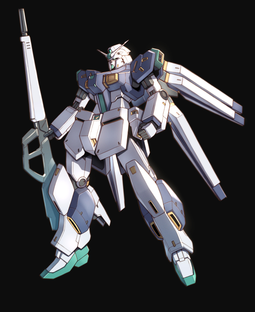 arms_at_sides beam_rifle black_background clenched_hand commentary energy_gun fin_funnels full_body green_eyes gun gundam gundam_msv highres holding holding_gun holding_weapon mecha mobile_suit no_humans nu_gundam_mp_type robot science_fiction simple_background solo takahashi_masaki v-fin weapon