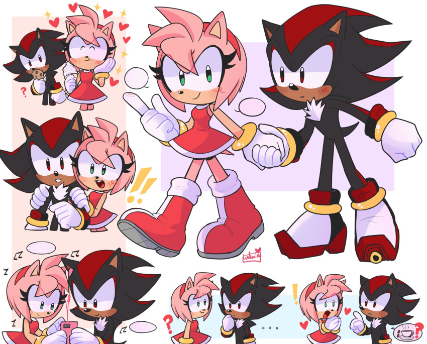 &lt;3 2023 amy_rose anthro cellphone clothing cookie duo ellipsis eulipotyphlan exclamation_point eye_contact female food footwear gloves hand_holding handwear heartludwig hedgehog hi_res looking_at_another male male/female mammal musical_note open_mouth open_smile phone question_mark sega shadow_the_hedgehog signature simple_background smile sonic_the_hedgehog_(series)