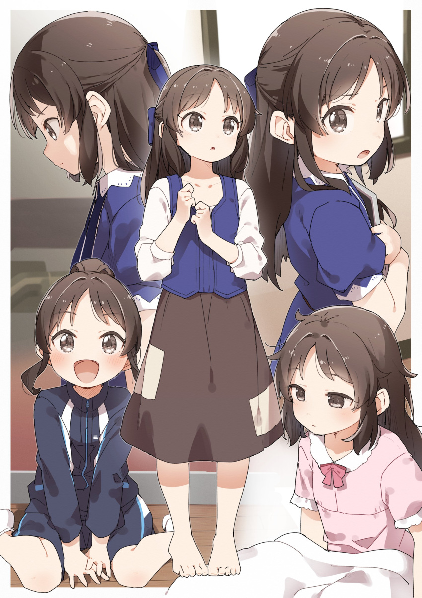 1girl :d :o absurdres barefoot between_legs black_jacket black_shorts blue_dress blue_vest blush brown_eyes brown_hair brown_skirt collarbone collared_shirt commentary dress hand_between_legs highres idolmaster idolmaster_cinderella_girls idolmaster_cinderella_girls_u149 jacket long_hair multiple_views on_floor pajamas parted_lips pink_shirt ponytail profile puffy_short_sleeves puffy_sleeves shirt short_sleeves shorts sidelocks sitting skirt smile standing tachibana_arisu under_covers vest wariza wooden_floor yukie_(kusaka_shi)