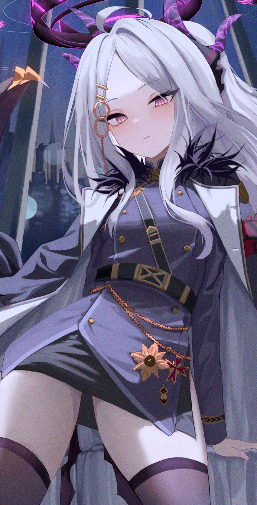 1girl absurdres ahoge arm_support arms_behind_back belt black_coat black_skirt black_thighhighs blue_archive blurry blush building closed_mouth coat coat_on_shoulders commentary_request demon_girl demon_horns demon_wings depth_of_field forehead fur-trimmed_coat fur_trim hair_ornament hair_over_shoulder hairclip half-closed_eyes halo highres hina_(blue_archive) horns indoors long_hair long_sleeves looking_at_viewer looking_down miho_(user7939139) military military_uniform miniskirt night night_sky open_clothes open_coat parted_bangs pencil_skirt ponytail purple_eyes sam_browne_belt shaded_face shoulder_belt side_slit sidelocks skirt sky skyline skyscraper solo standing thighhighs thighs uniform window wings zettai_ryouiki