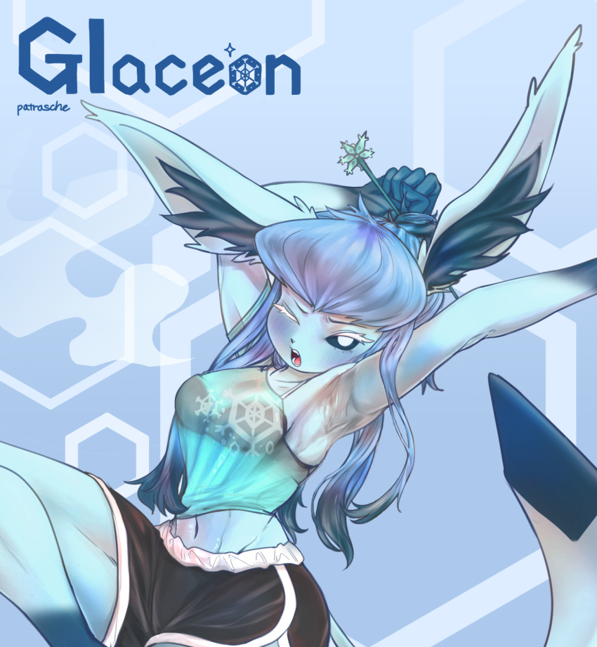 anthro arms_stretched blue_body blue_clothing blue_eyes blue_hair clothing crop_top dolphin_shorts eeveelution female generation_4_pokemon glaceon hair hands_behind_head hi_res inner_ear_fluff multicolored_hair navel nintendo one_eye_closed patrasche99 pokemon pokemon_(species) shirt solo stretching topwear translucent translucent_clothing tuft two_tone_hair