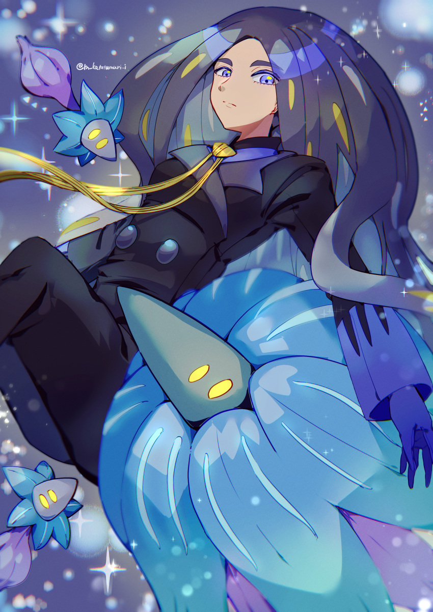 1girl absurdres black_hair black_jacket black_pants blue_eyes blue_gloves buttons closed_mouth commentary_request evolutionary_line geeta_(pokemon) glimmet glimmora gloves grey_background highres jacket katatsumuri_72 long_hair long_sleeves looking_at_viewer neck_ribbon pants pokemon pokemon_(creature) pokemon_(game) pokemon_sv ribbon shirt sparkle yellow_ribbon
