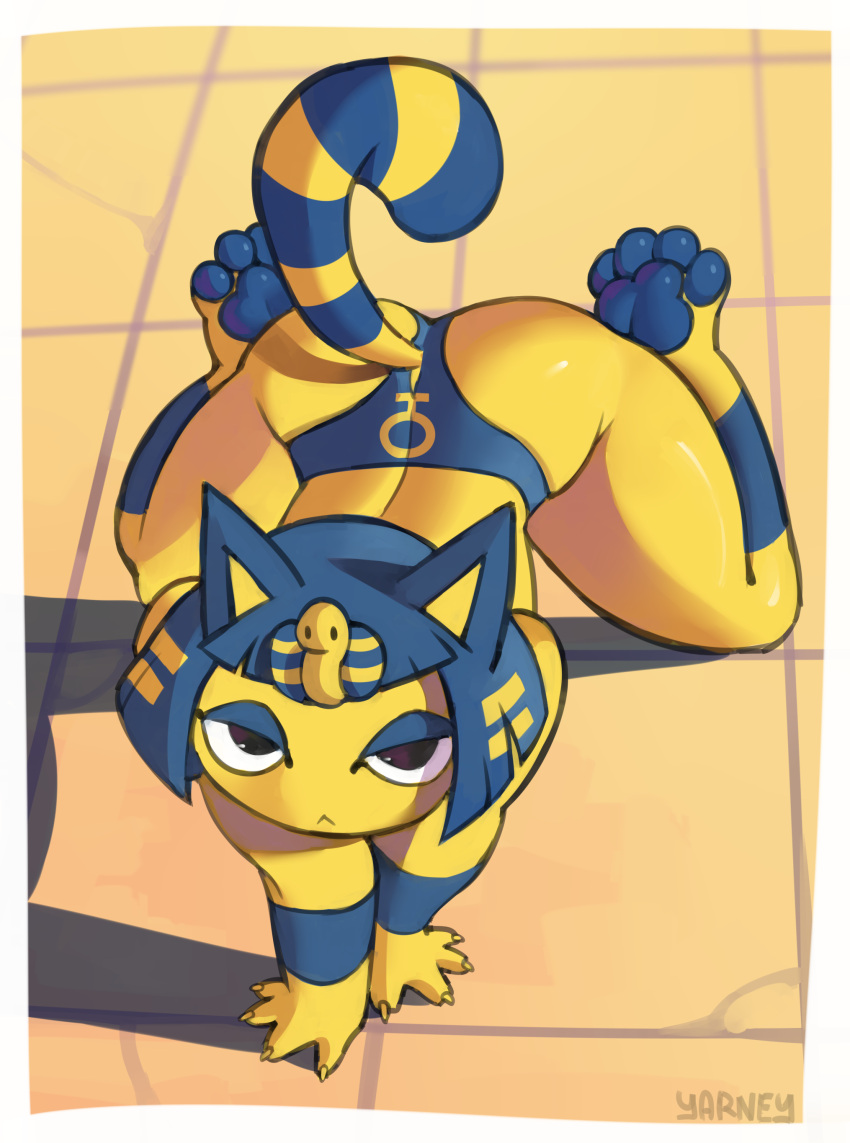 absurd_res animal_crossing ankha_(animal_crossing) anthro blue_pawpads clothing domestic_cat egyptian egyptian_mythology felid feline felis female hi_res mammal middle_eastern_mythology mythology nintendo nude panties pawpads paws solo thighs underwear y yarney