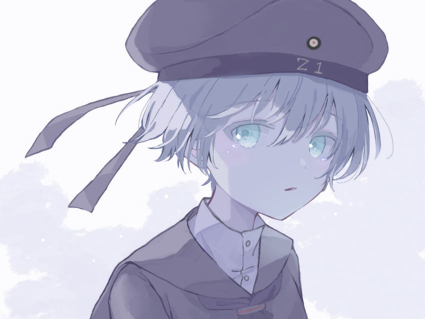 1girl aqua_eyes black_dress black_headwear black_neckerchief black_sailor_collar clothes_writing dress grey_hair hair_between_eyes hat highres kantai_collection neckerchief parted_lips sailor_collar sailor_dress sailor_hat short_hair simple_background solo suihei tears upper_body z1_leberecht_maass_(kancolle)