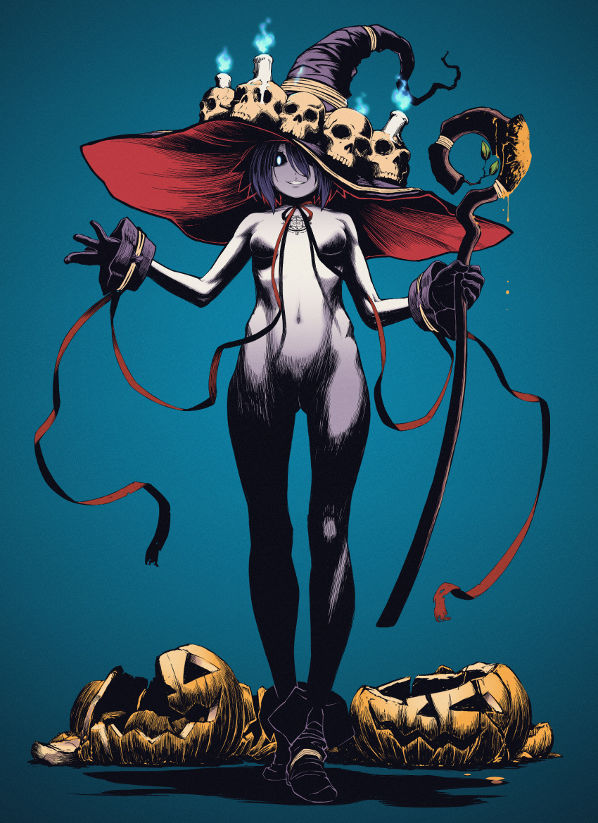 1girl black_gloves black_hair black_sclera blue_background boots breasts bright_pupils candle colored_sclera colored_skin full_body gloves grin hat highres holding holding_staff looking_at_viewer navel neck_ribbon nude original pumpkin red_ribbon ribbon short_hair skull small_breasts smile solo staff teeth wang-pac white_pupils white_skin witch witch_hat wrist_cuffs