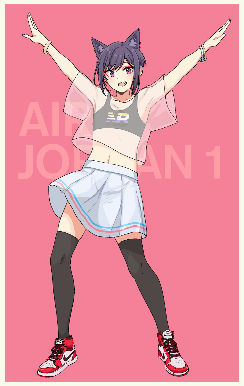 1other absurdres air_jordan air_jordan_1 androgynous animal_ears arms_up bangle bare_shoulders black_thighhighs blue_nails bracelet cat_ears crop_top dancing ear_piercing earrings extra_ears fang hair_between_eyes hair_ears highres jewelry k-pop lgbt_pride looking_at_viewer nail_polish navel nike non-binary_flag original other_focus over-kneehighs pas'_black-haired_catperson pas_(paxiti) piercing pink_background product_placement purple_eyes purple_hair see-through see-through_shirt shoes short_hair skirt smile sneakers solo the_feels_(twice) thighhighs transgender_flag twice_(group) white_skirt