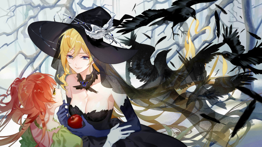 2girls apple bare_shoulders bare_tree bird black_dress black_gloves black_headwear black_veil blonde_hair blue_eyes breasts cleavage closed_mouth collarbone cosplay crow detached_collar dress elbow_gloves face-to-face feathers food forest fruit girl_cafe_gun gloves hat highres holding holding_food juno_emmons long_hair looking_at_another looking_back medium_breasts multiple_girls nature official_art puffy_short_sleeves puffy_sleeves queen_(snow_white) queen_(snow_white)_(cosplay) red_hair rococo_(girl_cafe_gun) short_sleeves smile snow_white snow_white_(grimm) snow_white_(grimm)_(cosplay) strapless strapless_dress tree twintails upper_body veil very_long_hair witch_hat yellow_eyes