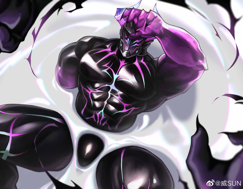 1boy absurdres bara black_bodysuit bodysuit bulge fake_horns feet_out_of_frame fingernails from_above helmet highres horned_helmet horns large_pectorals latex latex_bodysuit male_focus muscular muscular_male original outstretched_arm partially_submerged pectorals purple_bodysuit sharp_fingernails skin_tight solo spread_legs strongman_waist thick_thighs thighs two-tone_bodysuit umbrakinesis weisun_(leoooliooon)