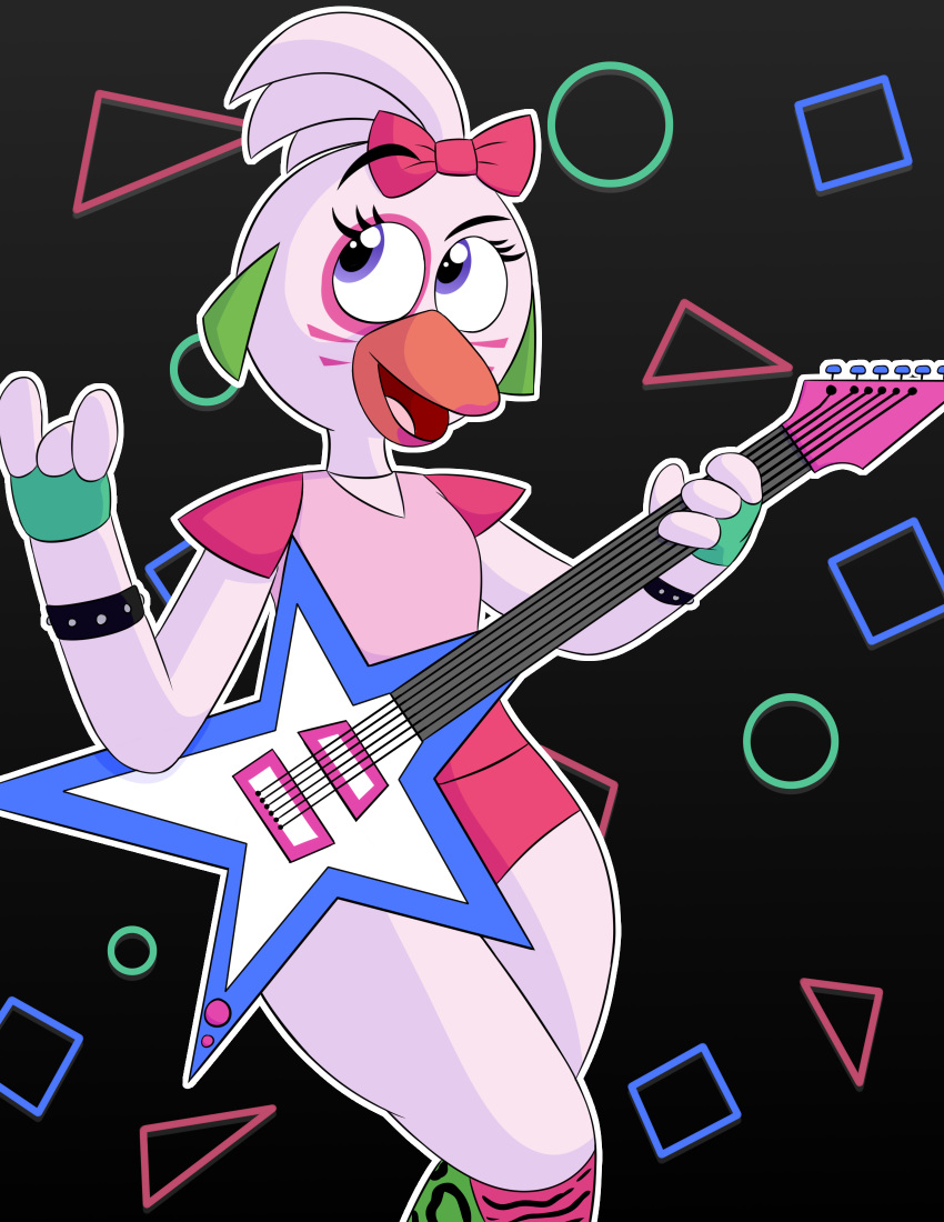 2022 4_fingers abstract_background anthro avian beak bird bow_tie chicken clothed clothing digital_media_(artwork) electric_guitar eyelashes female fingers five_nights_at_freddy's five_nights_at_freddy's:_security_breach galliform gallus_(genus) glamrock_chica_(fnaf) guitar hi_res holding_guitar lipstick looking_up makeup musical_instrument open_beak open_mouth phasianid plucked_string_instrument purple_eyes rgr98 scottgames simple_background solo steel_wool_studios string_instrument tongue white_body