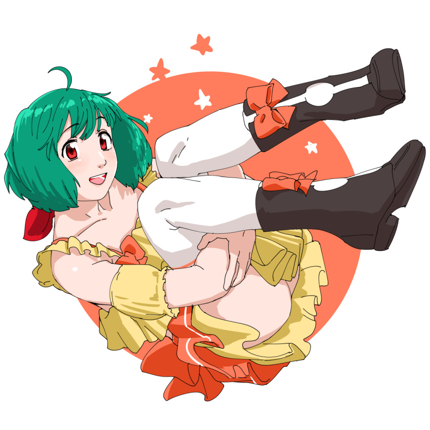 1girl ahoge black_footwear boots frills full_body green_hair highres hugging_own_legs idol_clothes index_finger_raised layered_skirt macross macross_frontier music ojipon orange_skirt ranka_lee red_eyes red_ribbon ribbon shirt short_hair simple_background singing skirt smile solo thighhighs white_background white_thighhighs wrist_ribbon yellow_shirt