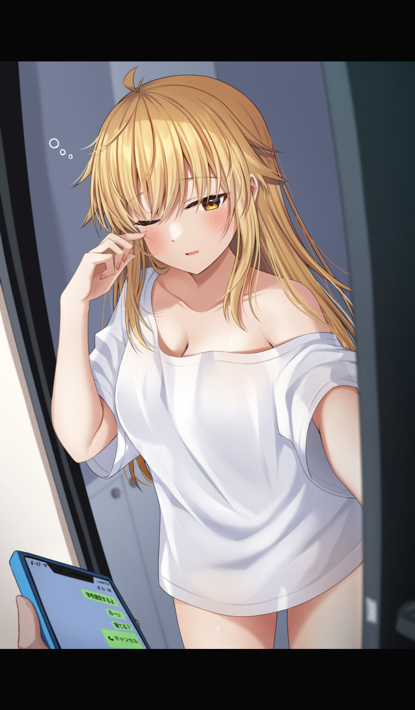 1boy 1girl blonde_hair blush breasts brown_eyes cellphone cleavage collarbone commentary_request hair_between_eyes hand_up highres holding holding_phone komori_kuzuyu letterboxed long_hair looking_at_viewer medium_breasts nao_(kuzuyu) off_shoulder original parted_lips phone rubbing_eyes shirt short_sleeves solo_focus standing very_long_hair white_shirt