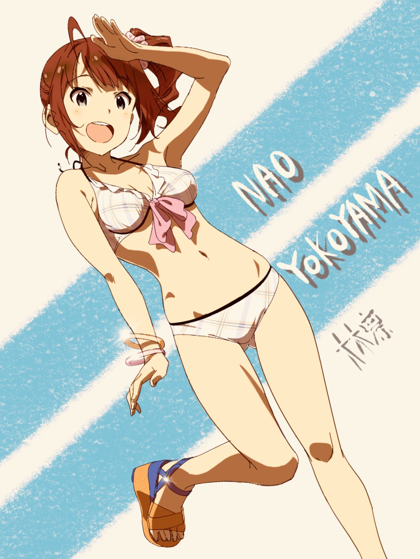 1girl ahoge arm_up artist_name bare_shoulders bikini blue_background blush breasts brown_hair character_name cleavage collarbone drill_hair front-tie_bikini_top front-tie_top hair_ornament hair_scrunchie highres idolmaster idolmaster_million_live! idolmaster_million_live!_theater_days long_hair looking_at_viewer medium_breasts multiple_bracelets navel ohkirin open_mouth plaid plaid_bikini purple_eyes sandals scrunchie side_drill side_ponytail sidelocks smile solo standing standing_on_one_leg swimsuit teeth two-tone_background upper_teeth_only white_background white_bikini yokoyama_nao