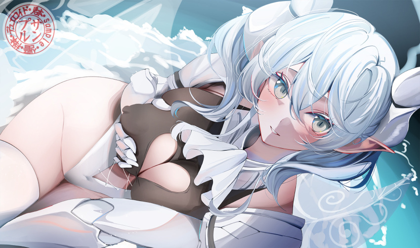1girl blush breasts cleavage cleavage_cutout clothing_cutout covered_nipples demon_girl demon_horns demon_wings duel_monster gloves grabbing_own_breast grey_eyes highres horns komupi lady_labrynth_of_the_silver_castle large_breasts leotard looking_at_viewer lovely_labrynth_of_the_silver_castle low_wings pointy_ears sample_watermark second-party_source smile solo twintails watermark white_hair white_leotard wings yu-gi-oh!
