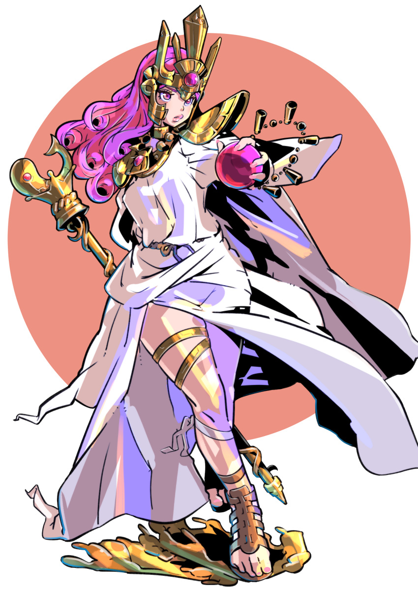 1girl absurdres armor barefoot_sandals breasts commission dress full_body headdress highres holding holding_orb holding_staff long_hair medium_breasts nail_polish original pink_nails pixiv_commission purple_eyes purple_hair purple_lips rolan-ce running shoulder_armor solo staff thigh_strap toenail_polish toenails white_dress