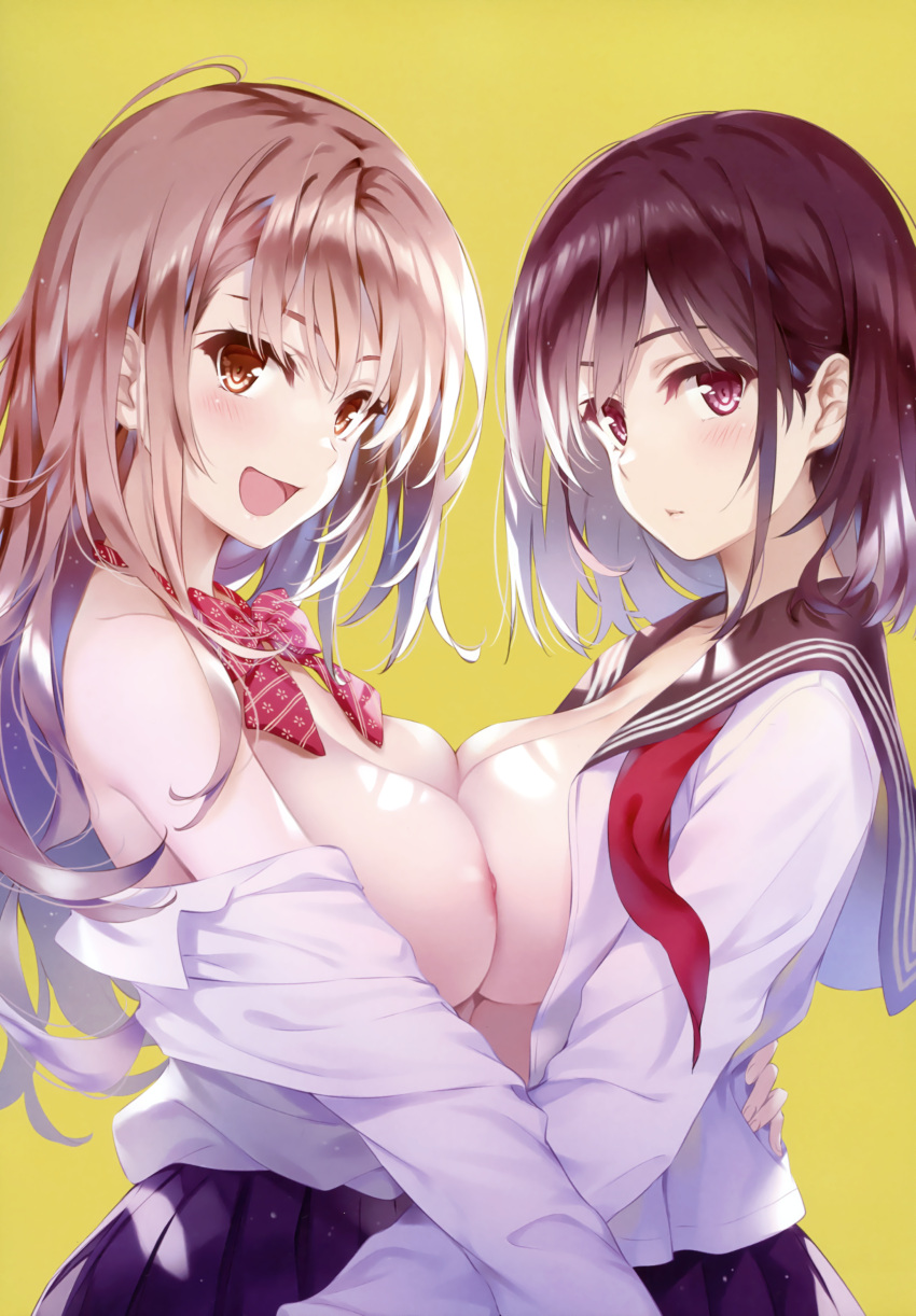 2girls absurdres breasts comic_aun from_side highres looking_at_viewer misaki_kurehito multiple_girls nipples open_mouth simple_background smile