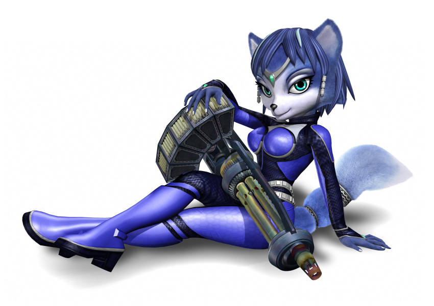 2005 absurd_res accessory anthro belt big_weapon blue_body blue_eyes blue_fur blue_hair boots breasts canid canine clothing female footwear fox fur furgonomics gatling_gun gun hair hi_res high_heeled_boots high_heels jewelry krystal looking_at_viewer machine_gun mammal minigun nintendo official_art ranged_weapon ring simple_background sitting solo star_fox suggestive tail tail_accessory tail_jewelry tail_ring tight_clothing unknown_artist weapon