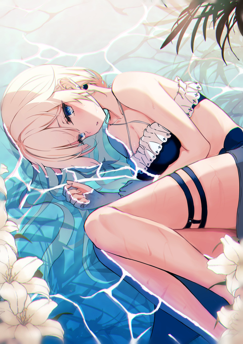1girl absurdres aizawa_ema arm_under_breasts bare_arms bare_shoulders bikini blonde_hair blue_bikini blue_eyes blush breasts cat_earrings cleavage collarbone criss-cross_halter feet_out_of_frame fern frilled_bikini_top hair_flaps halterneck highres long_hair looking_at_viewer lying medium_breasts on_side parted_lips reflection shadow shallow_water sidelocks solo swimsuit thigh_strap totuoooo1015 virtual_youtuber vspo! water wet white_lily