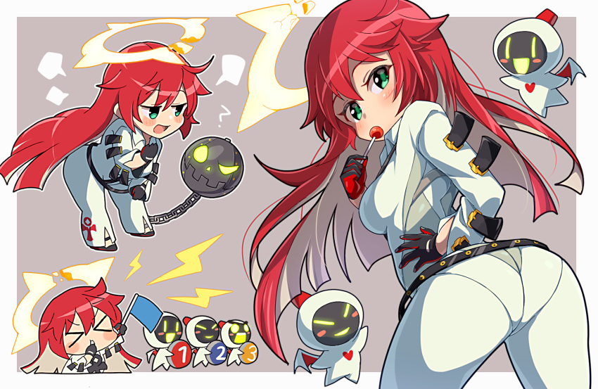 1girl ankh_necklace ball_and_chain_restraint bell-bottoms black_footwear black_gloves bodysuit breasts broken_halo candy chibi collared_shirt colored_inner_hair compass_rose_halo food gloves green_eyes guilty_gear guilty_gear_strive halo highres holding holding_candy holding_food holding_lollipop itsuka_neru jack-o'_valentine knight_servant large_breasts lollipop mature_female multicolored_hair pants red_gloves red_hair shirt shoulder_belt skin_tight too_many_belts two-tone_gloves white_bodysuit white_hair white_pants