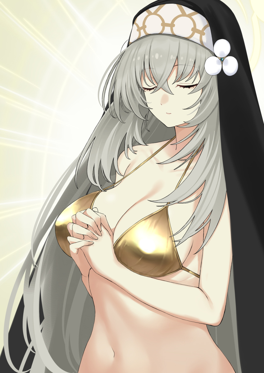 1girl absurdres alternate_costume bikini blue_archive breasts closed_eyes closed_mouth collarbone commentary_request eyelashes from_side gold_bikini grey_hair habit hair_between_eyes highres interlocked_fingers long_hair navel nun own_hands_together praying sakurako_(blue_archive) shiny_swimsuit solo stomach swimsuit taiyou-n upper_body veil