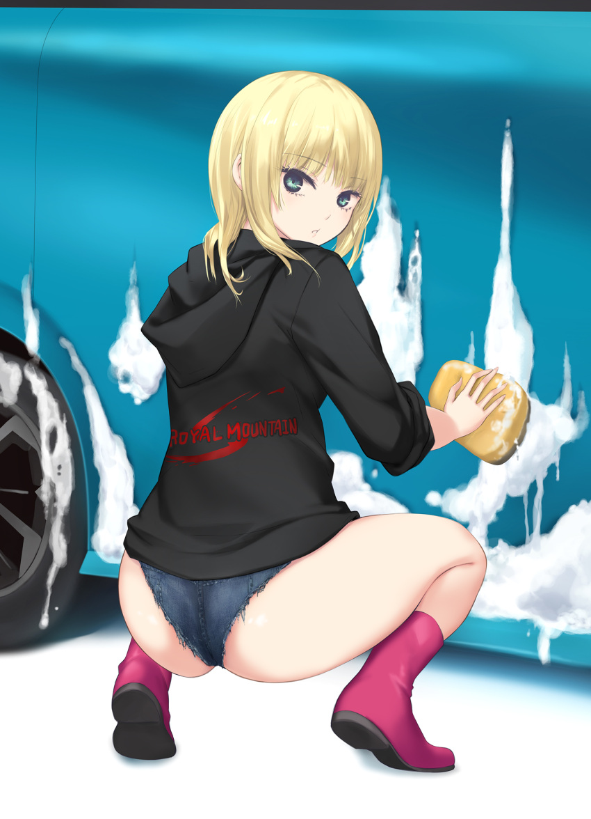 1girl ass back blonde_hair blue_eyes boots car coffee-kizoku highres hood hoodie long_hair looking_at_viewer mele_retanagua motor_vehicle original shorts soap_bubbles solo sponge spread_legs squatting tiptoes