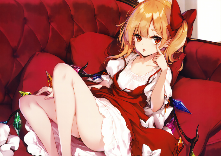 1girl absurdres blonde_hair bow closed_mouth collarbone couch crystal dress feet_out_of_frame flandre_scarlet hair_between_eyes hair_bow hand_up highres index_finger_raised indoors ke-ta looking_at_viewer multicolored_wings one_side_up pillow pointy_ears puffy_short_sleeves puffy_sleeves red_bow red_dress red_eyes red_ribbon ribbon shadow short_hair short_sleeves sitting smile solo tongue tongue_out touhou two-tone_dress white_bow white_dress wings