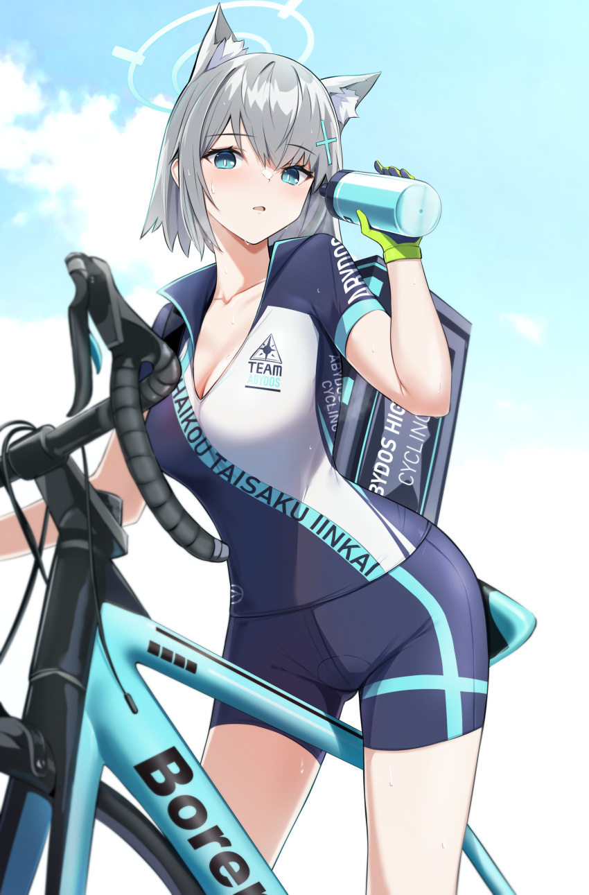 1girl absurdres animal_ear_fluff animal_ears bee_doushi bicycle bike_jersey bike_shorts blue_archive blue_sky bottle breasts cleavage cloud commentary_request cup day grey_hair ground_vehicle halo highres holding holding_cup looking_at_viewer medium_breasts official_alternate_costume outdoors shiroko_(blue_archive) shiroko_(cycling)_(blue_archive) short_hair sky solo water_bottle