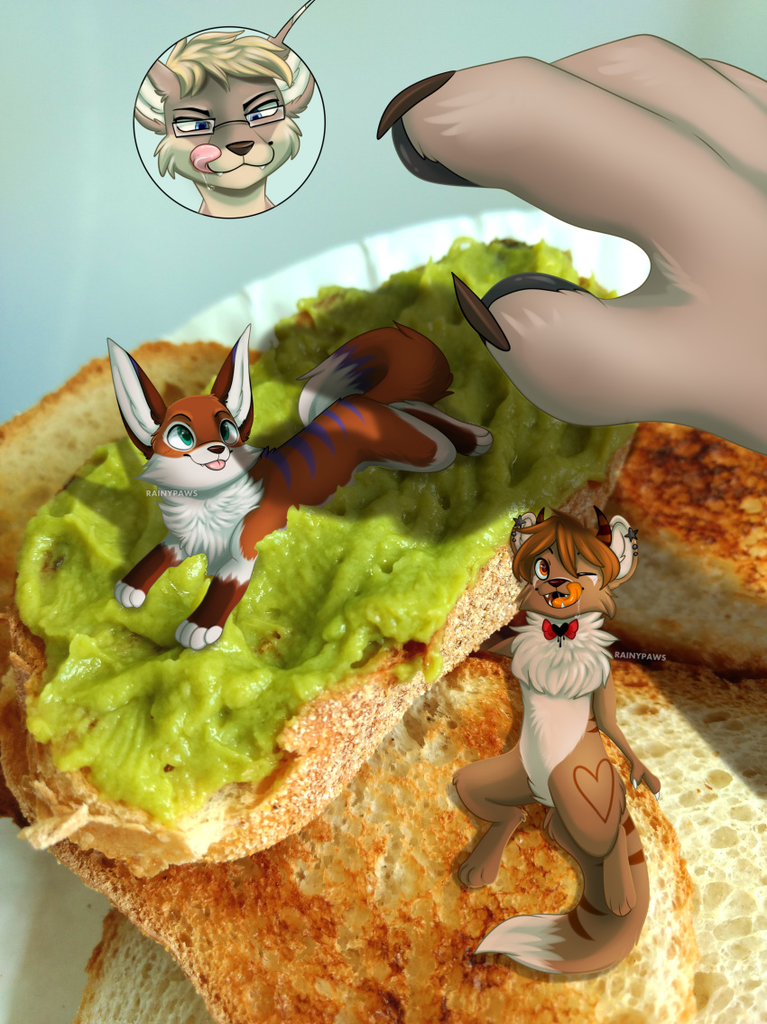 2_horns absurd_res ambiguous_gender anthro bow_tie bread claws feral fluffy food group handpaw head_tuft hi_res horn imminent_vore licking licking_lips lying macro mammal micro micro_on_macro mustelid musteline on_front pawpads paws photo_background photography_(artwork) rainypaws real size_difference toast toe_claws tongue tongue_out trio true_musteline tuft weasel