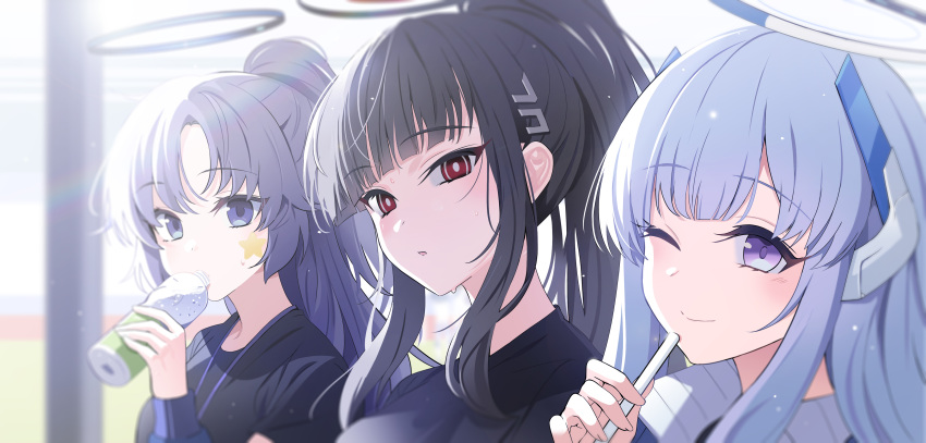 3girls absurdres black_hair black_shirt blue_archive blush bottle drinking drinking_straw grey_hair gym_uniform hair_ornament hairclip halo highres holding holding_bottle jacket long_hair looking_at_viewer multiple_girls noa_(blue_archive) official_alternate_costume one_eye_closed ponytail purple_eyes purple_hair red_eyes rio_(blue_archive) shirt sidelocks smile sticker_on_face track_jacket white_jacket yuki_(asayuki101) yuuka_(blue_archive) yuuka_(track)_(blue_archive)