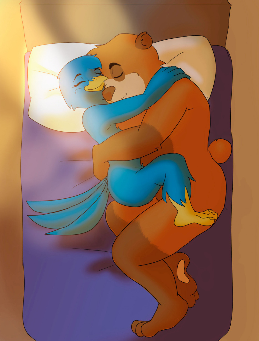 2023 3_toes 5_fingers anthro avian bear bed bird black_nose blue_body blue_feathers brown_body brown_fur butt claws cuddling digital_media_(artwork) duo embrace eyes_closed feathers feet female finch fingers fur furniture hi_res hindpaw hug humanoid_hands intimate larger_male lying lying_on_bed male male/female mammal missebony morning night nude on_back on_bed on_side oscine passerine paws r.j._(katnay) romantic romantic_ambiance romantic_couple size_difference sleeping smaller_female smile toe_claws toes worn_down_children zara_(katnay)