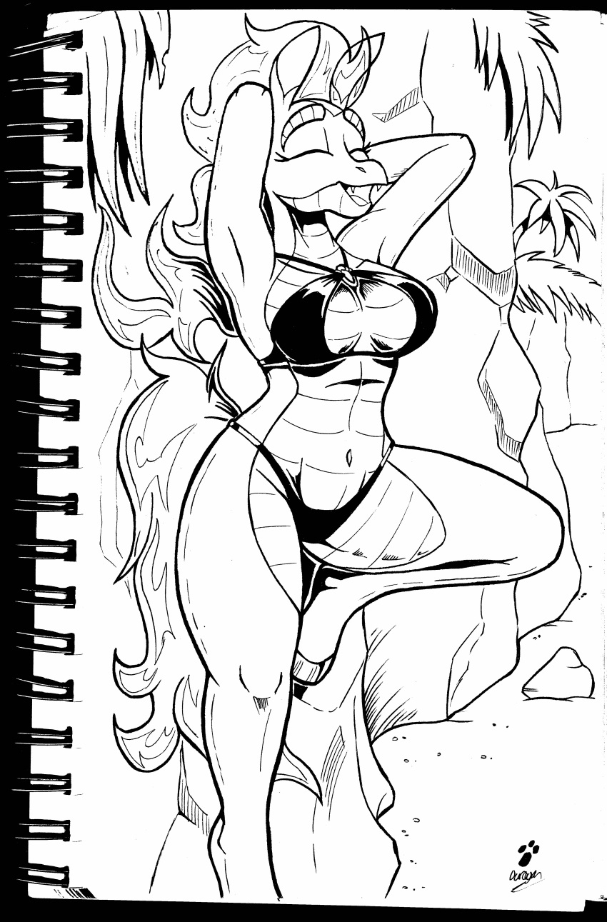 2023 absurd_res anthro anthrofied asian_mythology beach bikini biped black_and_white breasts chinese_mythology cliff clothing dragon duragan east_asian_mythology eyes_closed fangs female fire flaming_hair flaming_tail hand_behind_head hi_res hybrid ink longma monochrome mythology navel non-mammal_breasts non-mammal_navel one_leg_up open_mouth open_smile palm_tree pinup plant pose pseudo_hair raised_leg seaside signature smile solo summer swimwear tail teeth them's_fightin'_herds tianhuo_(tfh) traditional_media_(artwork) tree unguligrade_anthro