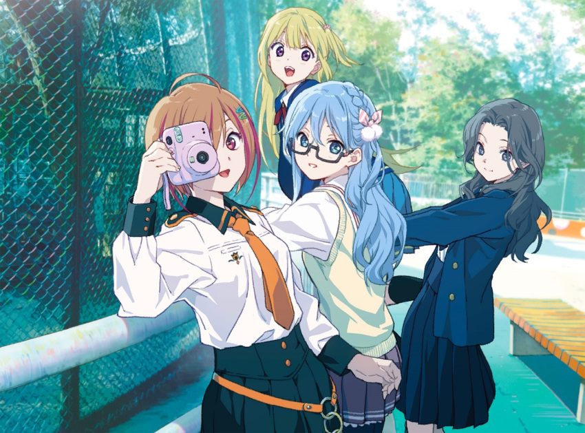 22/7 4girls album_cover black_hair blonde_hair blue_eyes blue_hair blue_jacket braid brown_eyes brown_hair camera cover dress fujima_sakura glasses hair_ornament himuro_mizuki holding holding_camera horiguchi_yukiko jacket long_hair looking_at_viewer maruyama_akane multiple_girls necktie official_art orange_hair orihara_sumika purple_eyes red_eyes school_uniform short_hair smile