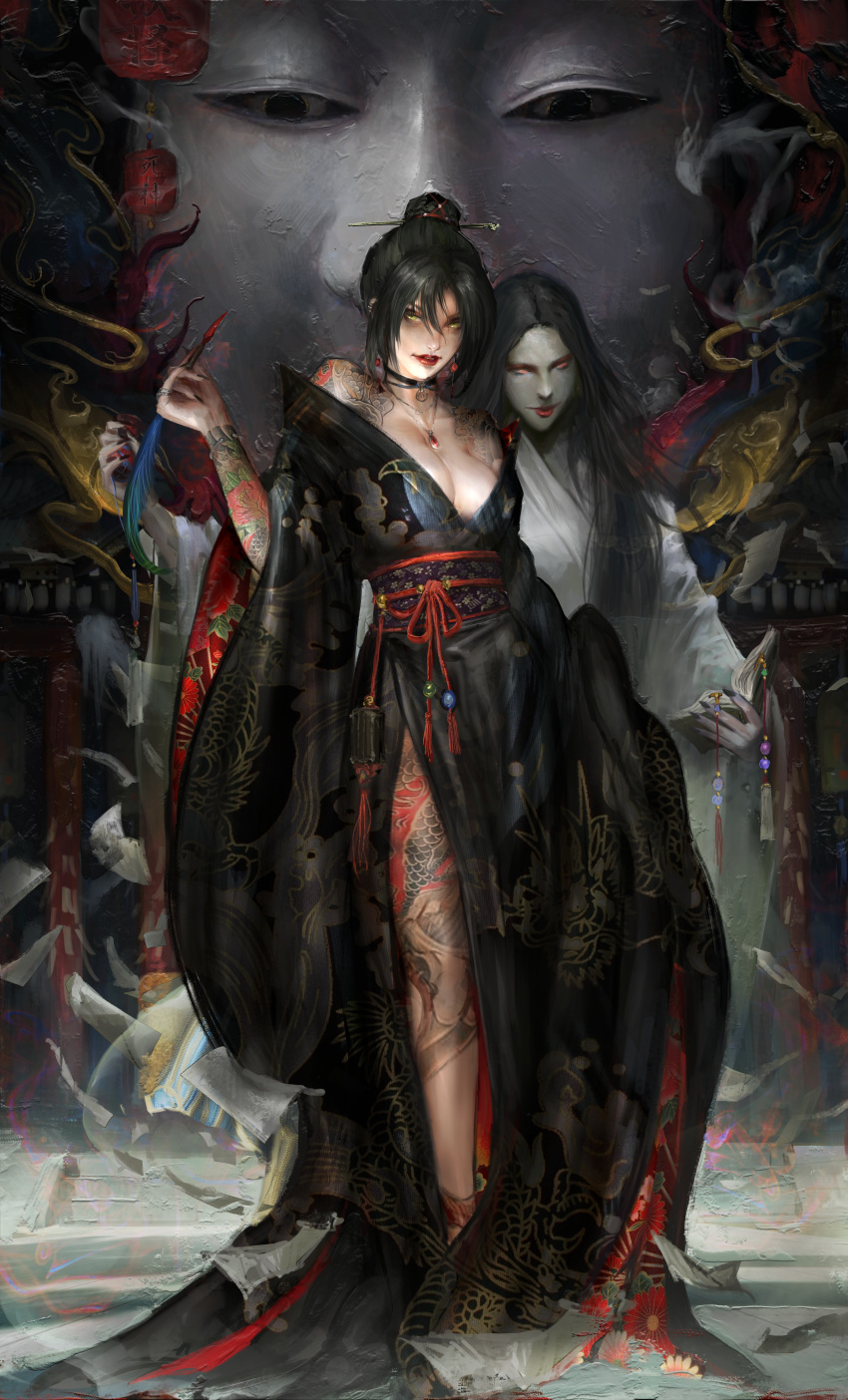 1girl 2others absurdres animal_ears arm_tattoo bare_shoulders black_hair black_kimono black_nails book bracelet breasts cleavage closed_mouth commentary english_commentary eyeshadow fingernails gem green_eyes hair_between_eyes hair_ornament hairpin hand_up highres holding holding_book holding_quill japanese_clothes jewelry kimono lantern large_breasts leg_tattoo lipstick long_fingernails long_sleeves looking_at_viewer makeup multiple_others necklace obi obiage obijime open_book original paper paper_lantern parted_lips quill red_eyes red_eyeshadow red_gemstone red_lips ring sash shoulder_tattoo standing tassel tattoo teeth thedurianart wide_sleeves
