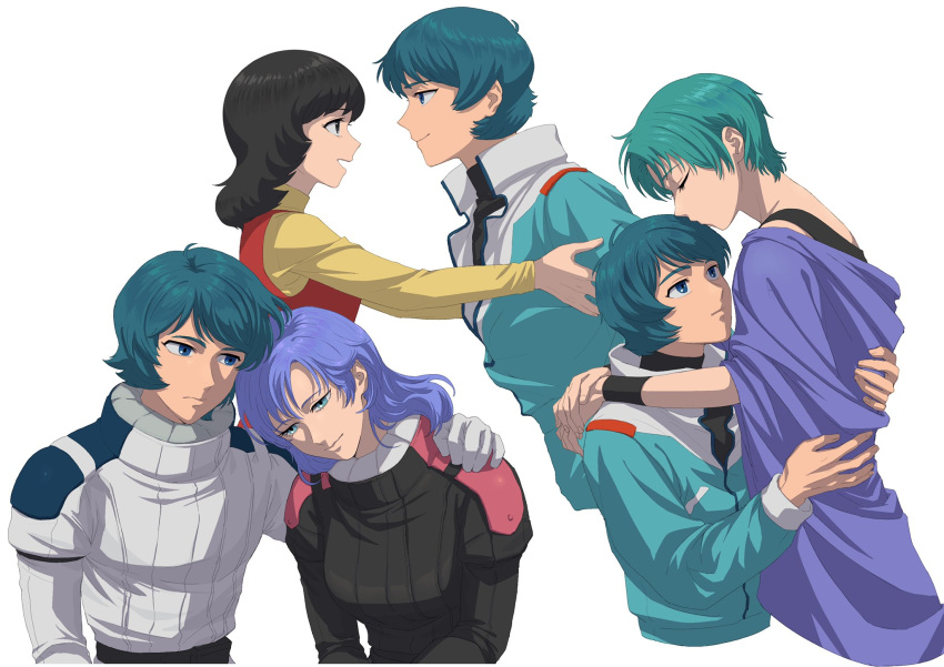 1boy 3girls aqua_hair arm_around_shoulder black_bodysuit black_eyes black_hair black_wristband blue_eyes blue_jumpsuit bodysuit closed_eyes closed_mouth commentary_request cropped_torso dress eye_contact fa_yuiry four_murasame green_eyes green_hair gundam head_on_another's_shoulder hetero highres hug jumpsuit kamille_bidan kiss kissing_hair kogetoriten_999 long_hair long_sleeves looking_at_another multiple_girls multiple_views mutual_hug open_mouth orange_dress outstretched_arm pilot_suit profile purple_dress purple_hair rosamia_badam shirt short_hair simple_background smile white_background white_bodysuit yellow_shirt zeta_gundam