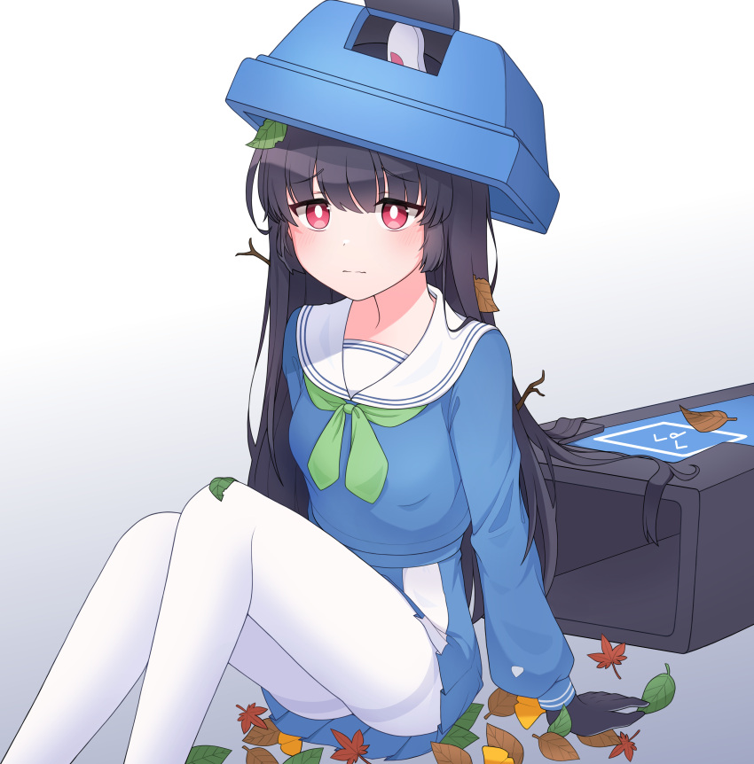 1girl absurdres animal_ears autumn_leaves black_gloves black_hair blue_archive blue_serafuku blue_shirt blue_skirt blunt_bangs blush bright_pupils fake_animal_ears gloves highres leaf leaf_on_head long_hair long_sleeves miyu_(blue_archive) pantyhose parted_lips rabbit_ears raised_eyebrows red_eyes sailor_collar school_uniform serafuku shirt simple_background skirt solo stick trash trash_can white_background white_footwear white_pantyhose white_pupils white_sailor_collar yamggu