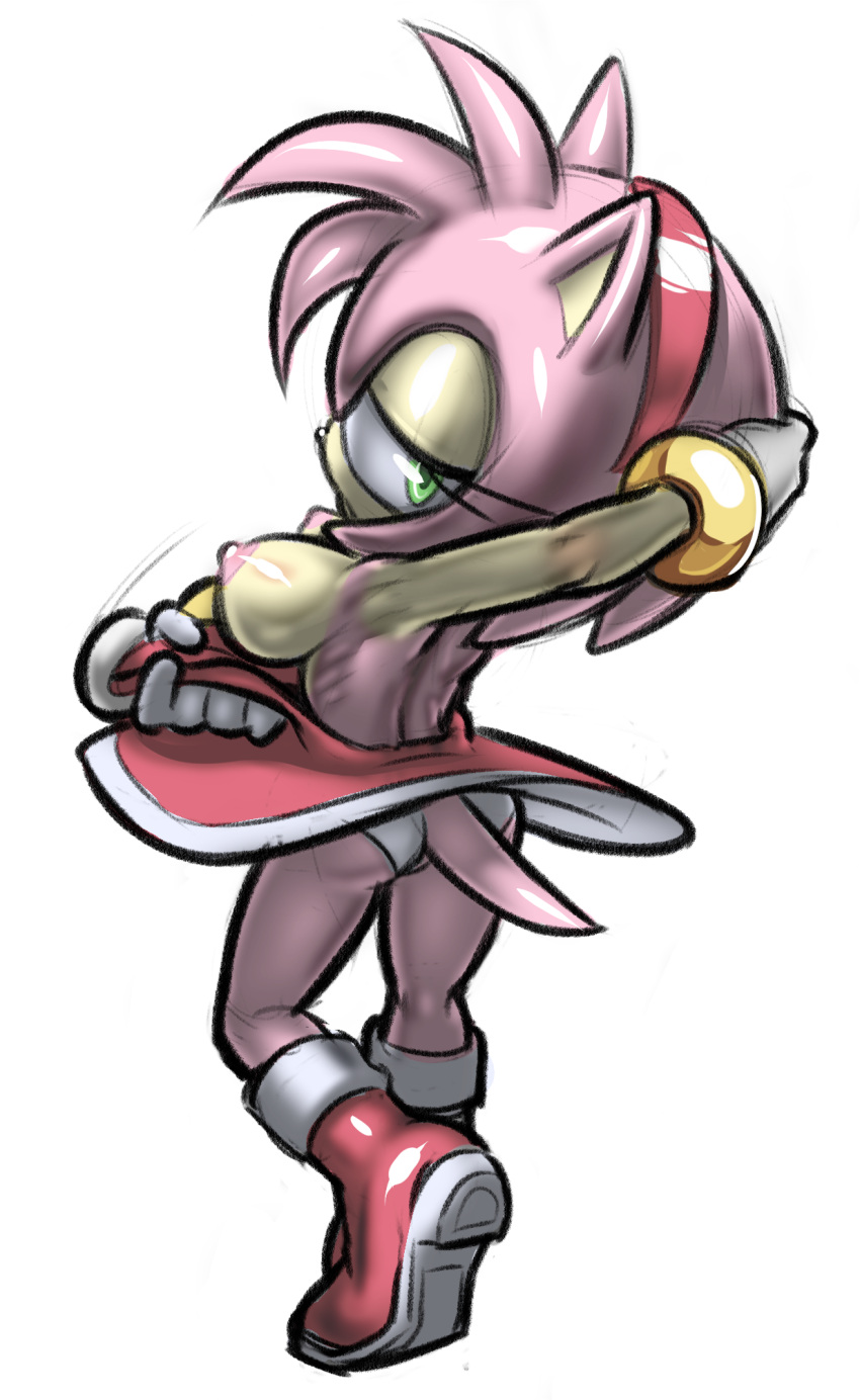 2023 amy_rose anthro areola boots breasts clothed clothing dress eulipotyphlan female footwear gloves hair handwear hedgehog hi_res is_(artist) mammal multicolored_body nipples pink_body pink_hair sega solo sonic_the_hedgehog_(series) tan_body topless two_tone_body