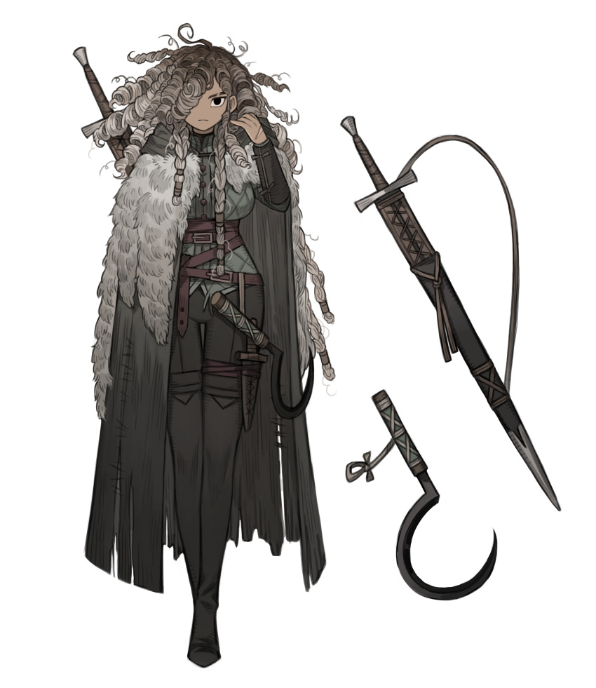 1girl absurdres belt black_eyes braid breasts brown_hair curly_hair dark-skinned_female dark_skin full_body fur_coat hair_over_one_eye highres knife looking_at_viewer medium_breasts messy_hair napal_(ve_xillum) original sheath sickle simple_background solo standing sword weapon white_background