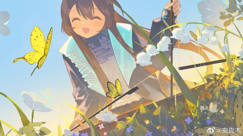 1girl ^_^ amiya_(arknights) arknights black_jacket blue_skirt blue_sky blush brown_hair bug butterfly character_name closed_eyes clothes_writing day flower grass happy highres holding_bow_(music) jacket lily_of_the_valley long_hair long_sleeves lubusi open_clothes open_jacket open_mouth outdoors ponytail shirt sidelocks skirt sky solo very_long_hair weibo_logo weibo_username white_shirt yellow_butterfly