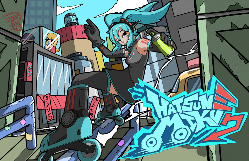 1girl absurdres bandaid bandaid_on_face black_gloves black_skirt black_thighhighs blue_lips can character_name city detached_sleeves english_commentary eyelashes gloves grey_shirt hatsune_miku highres holding holding_can jarzard jet_set_radio lipstick long_hair makeup parody railing roller_skates shirt shoulder_tattoo skates skirt solo spray_can style_parody tattoo thighhighs twintails vocaloid water_tower