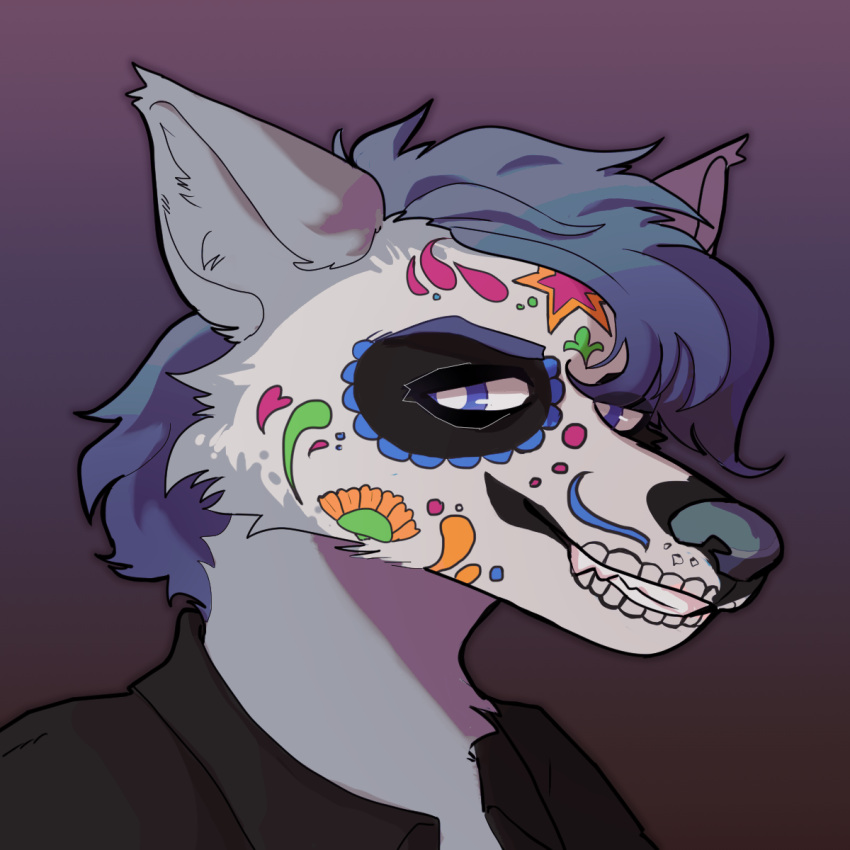 1:1 2021 african_marigold_(flower) anthro black_clothing black_shirt black_topwear bodypaint calaverita canid canine canis cempasuchil_flower cheek_tuft clothing day_of_the_dead digital_drawing_(artwork) digital_media_(artwork) esteban_(wolfnes) face_paint facial_tuft fur gradient_background grey_body grey_fur hair headshot_portrait hi_res inner_ear_fluff looking_at_viewer male mammal portrait purple_eyes purple_hair shaded shirt simple_background simple_shading skull_pattern smile smiling_at_viewer solo toffee_32 topwear tuft wolf